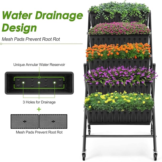 SEJOV 2 Pack Vertical Raised Garden Bed, 5-Tier Vertical Garden Planter with Drainage System, Larger Elevated Planter Box for Herbs Vegetables Flowers Indoor Outdoor (Black with Lockable Wheels