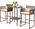 VINGLI 3 PCS Patio Bar Set Wicker, Outdoor Bar Table and Bar Stools with Storage Shelf and Cushions, Bar Height Outdoor Table and Chairs Wicker Furniture