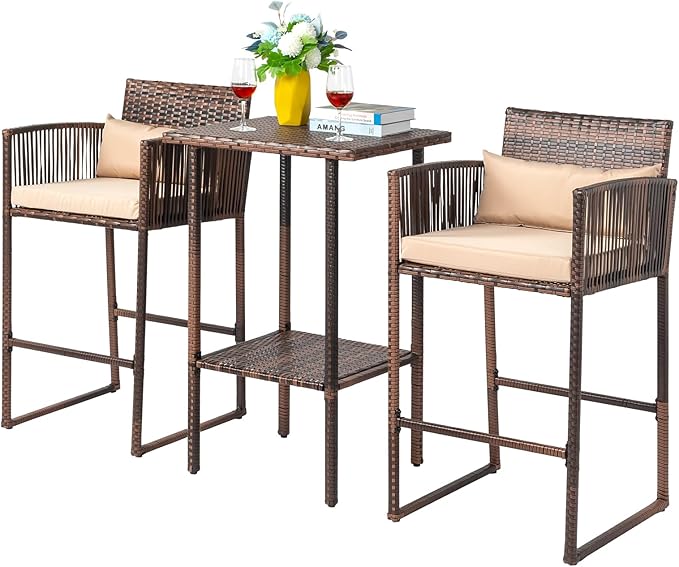 VINGLI 3 PCS Patio Bar Set Wicker, Outdoor Bar Table and Bar Stools with Storage Shelf and Cushions, Bar Height Outdoor Table and Chairs Wicker Furniture