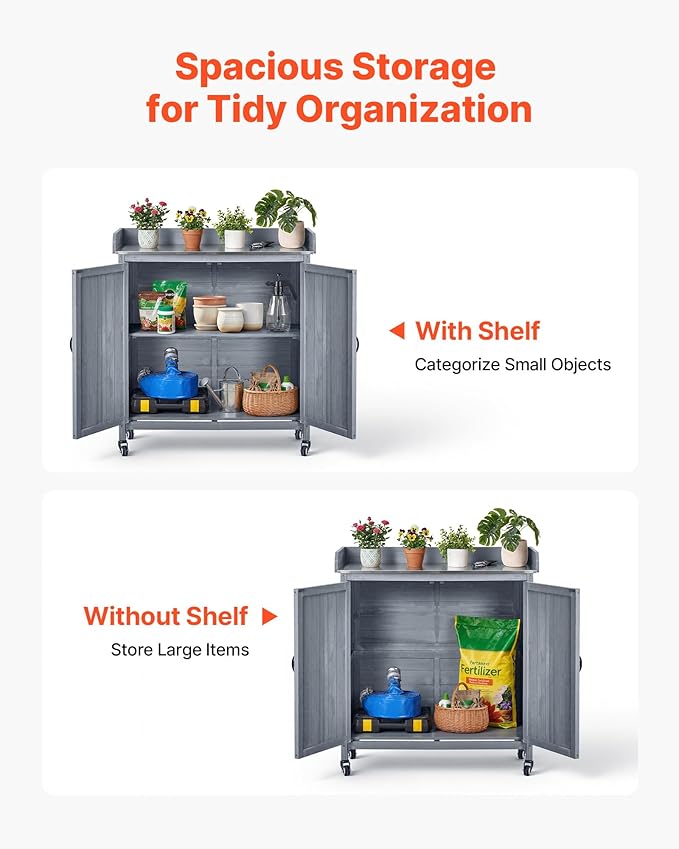 VEVOR Potting Bench Table, Outdoor Gardening Wooden Storage Cabinet with 36 x 16 in Galvanized Iron Tabletop, Garden Planting Workstation with Large Storage Space, 4 Casters for Patio, Backyard, Gray