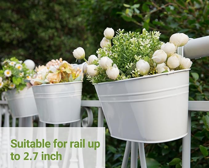 Dahey 10.5 Inch Metal Iron Hanging Flower Pots for Railing Fence Hanging Bucket Pots Countryside Style Window Flower Plant Holder with Detachable Hooks Home Decor,White,5 Pcs