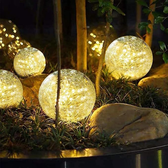 Solar Garden Lights Outdoor Waterproof, 4 Pack 30 LEDs Cracked Glass Ball Light, Ground Landscape Garden Decor, Solar Globe Decorative for Pathway/Patio/Lawn/Yard (Warm White, 3.9")