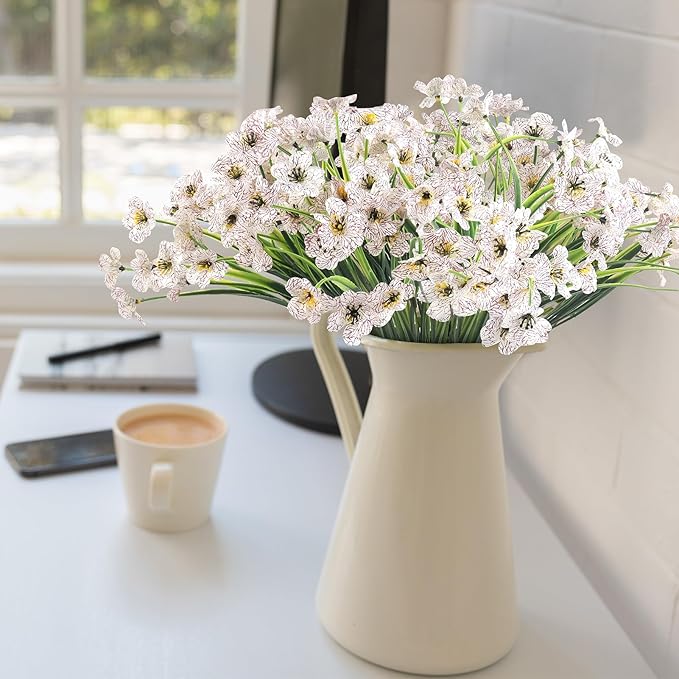 24 White Bundles Artificial Flowers for Outdoors/Indoors Fake Flowers Plants for Indoor Outside Garden Porch Window Box Home Wedding Farmhouse