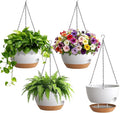 4 Pack 8 Inch Self Watering Hanging Planters for Indoor Outdoor Plants，Hanging Pots for Plants with Drainage Removable Tray, Hanging Baskets Flower Pots for Pothos Garden Porch White with Brown