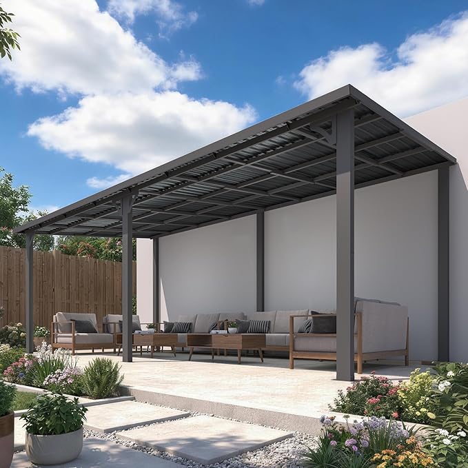 AECOJOY 10' x 20' Outdoor Hardtop Metal Gazebo for Patio, Large Lean to 20x10 Galvanized Steel Wall Mounted Pergolas and Grill Gazebos Clearance, Heavy Duty Patio Roof Metal Awnings for Decks