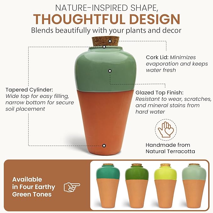 Terracotta Self Watering Planter Insert - Set of 4 Clay Ollas with Slim Bottom for Easy Soil Insertion, Glazed Top, Slow-Release Plant Watering System for Indoor & Outdoor Plants