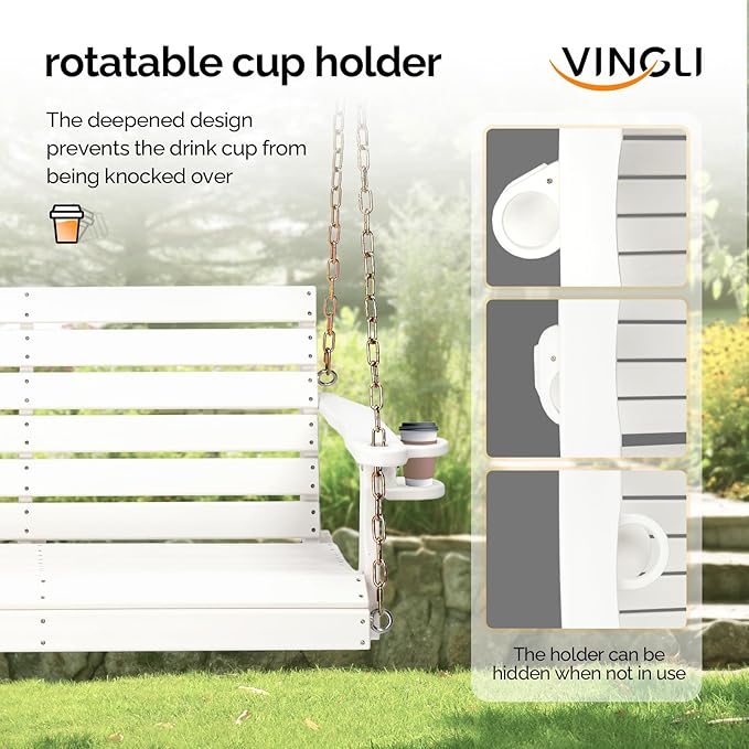 VINGLI Heavy Duty 1600 LBS HDPE Porch Swing Outdoor with Rotatable Cup Holder, 4 FT Patio Bench Swing with Adjustable Chains, 2 Person Hanging Porch Swing Chair for Porch, Yard, Tree, Garden - White