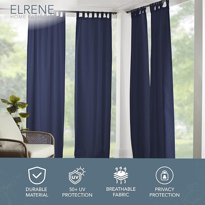Elrene Home Fashions Matine Weatherproof Tab-Top Indoor/Outdoor Solid Color Curtain Panel for Porch, Pergola, Patio, Deck, 52”W x 84”L, Blue (Pack of 2)