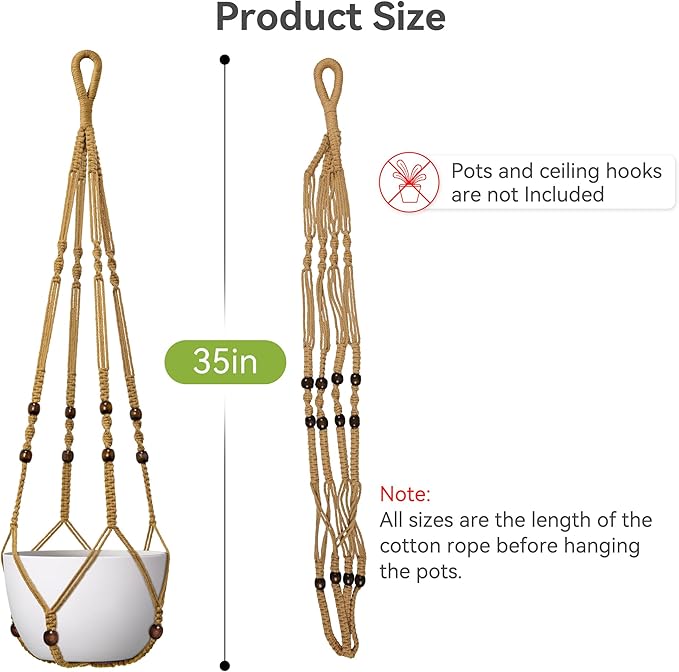 USLAI Macrame Plant Hanger Indoor Outdoor, Fits 4 to 15 Inch Pots, Strong Hanging Planter Holder, Boho Home Decor, 35 Inch, Brown, Set of 2 (POTS NOT Included)