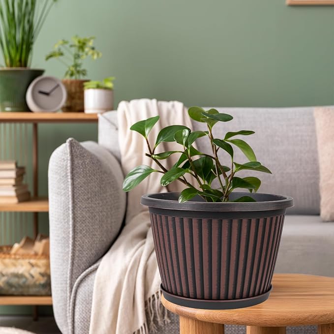 Planter-Pots-for-Plants-Indoor-Outdoor, 4 Pack 10 Inch Plastic Flower Pots with Saucer & Drainage Holes, Modern Garden Planters for Planting Medium Large Plants，Decorative Resin Garden Pots