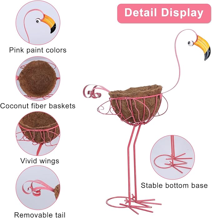 hogardeck Garden Decor for Outside, Set of 2 Pink Flamingo Planters with Basket, Metal Standing Flamingo Plant Pots Yard Art for Home Indoor Outdoor Garden Porch Lawn Patio Pool