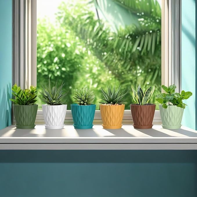 5 Inch Planter Pots, 6 Pack Indoor Planters, Small Flower Pots with Drainage Holes and Tray for Succulents, Orchids, Herbs and Other Indoor Plants (Multicolor, 5inch)
