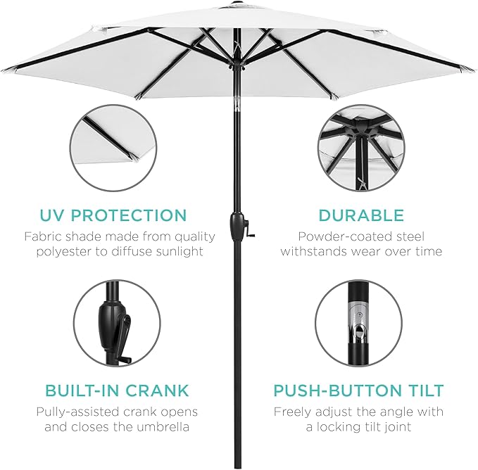 Best Choice Products 7.5ft Heavy-Duty Round Outdoor Market Table Patio Umbrella w/Steel Pole, Push Button Tilt, Easy Crank Lift - White