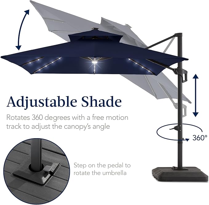 Best Choice Products 12x12ft LED Cantilever Patio Umbrella w/Base Included & 360° Rotation, Large Solar Offset Hanging Outdoor Sun Shade for Deck, Backyard Table w/Stand & Lights – Navy Blue