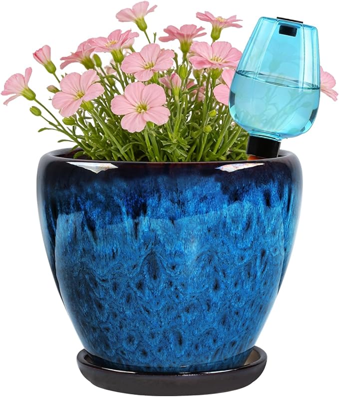 Ceramic Pots for Plant with Self Watering Globes, 6 inch Planters for Indoor Plants with Saucer, Glaze Flower Pots Outdoor with Drainage Holes, Decorative Garden Pots