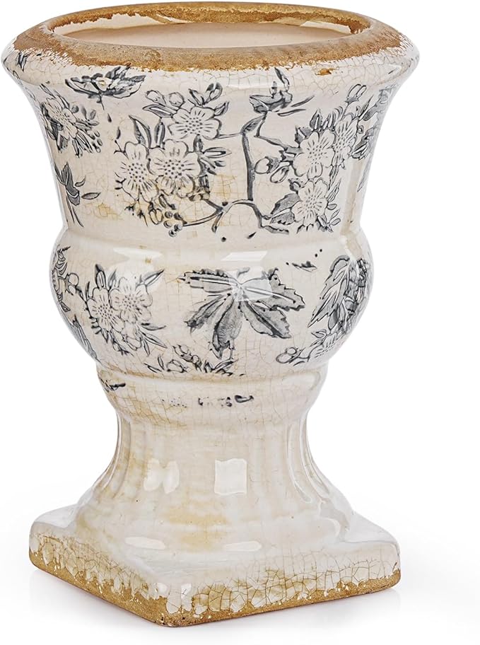 Sungmor Small Ceramic Urn Planter - Grey Scroll Floral Pedestal Flower Pot, Decorative Vintage Chinoiserie Style Planters, Tuscan Accent Vase Indoor Outdoor Plant Holder with Drainage