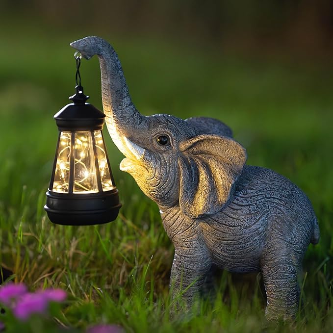 Solar Garden Statue Lights Elephants Figurine with Solar Lantern, Outdoor Yard Decorations for Patio Porch Home, Mothers Day Decorations Gift for Women - Unique Housewarming Gifts