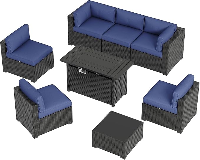 Aoxun 8 Piece Patio Furniture Set with 44” Fire Pit Table, Wicker Rattan Patio Sectional Sofa, Outdoor Furniture Set with Thickened Cushion, Blue