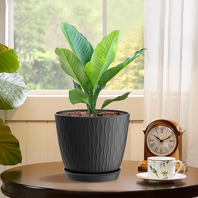 6 inch Plant Pots, 5 Pack Flower Pots with Drainage Holes and Saucers for Indoor Plants, Plastic Planters with Water Ripple for Small Garden House Plants, Nursery Pots for Succulent, Black