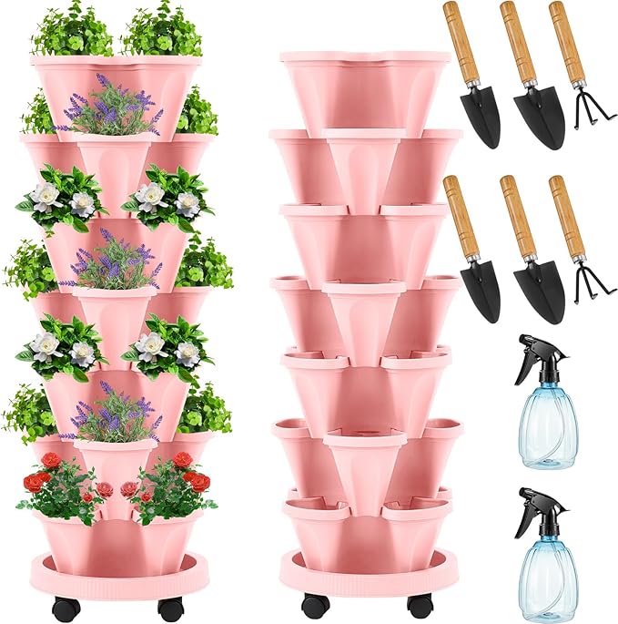 Umigy 2 Set of 7 Tier Vertical Planter Stackable Tower Planters Strawberry Herb Flower and Vegetable Pots Indoor Outdoor Gardening Pots with Removable Wheels and Tools(Pink)