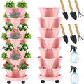 Umigy 2 Set of 7 Tier Vertical Planter Stackable Tower Planters Strawberry Herb Flower and Vegetable Pots Indoor Outdoor Gardening Pots with Removable Wheels and Tools(Pink)