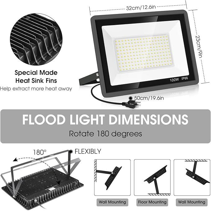 3 Pack 100W Led Flood Lights Outdoor,Super Bright 11600LM Security Lights with Plug,Exterior IP66 Waterproof 5000K Daylight White FloodLight for Basketball Court, Yard, Garden, Playground