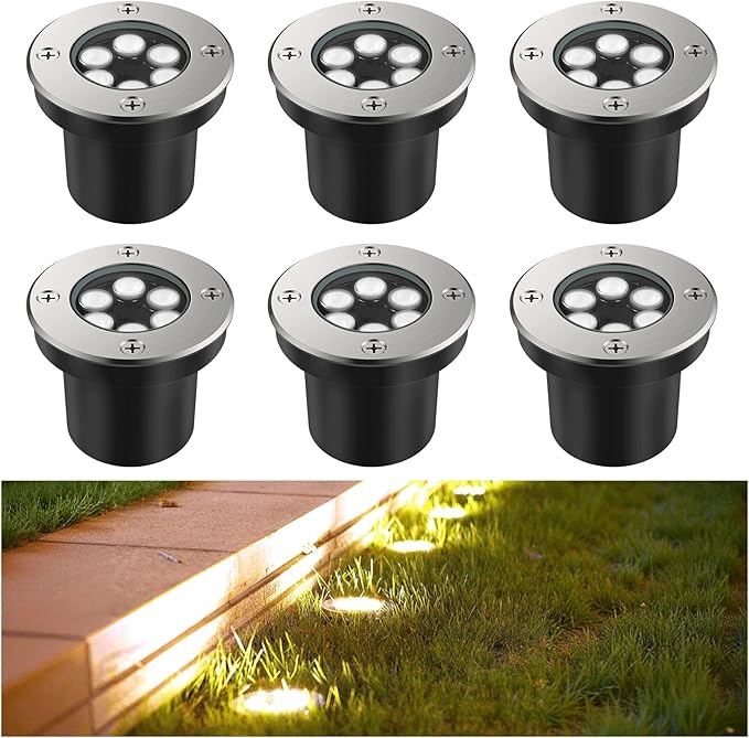 JESLED Landscape Lighting 6W LED Well Lights, 12V 24V Ground Lights 6000K Bright White, IP67 Waterproof Low Voltage Landscape Light Spotlight for Driveway Deck Patio Yard Garden Outdoor (6 Pack)