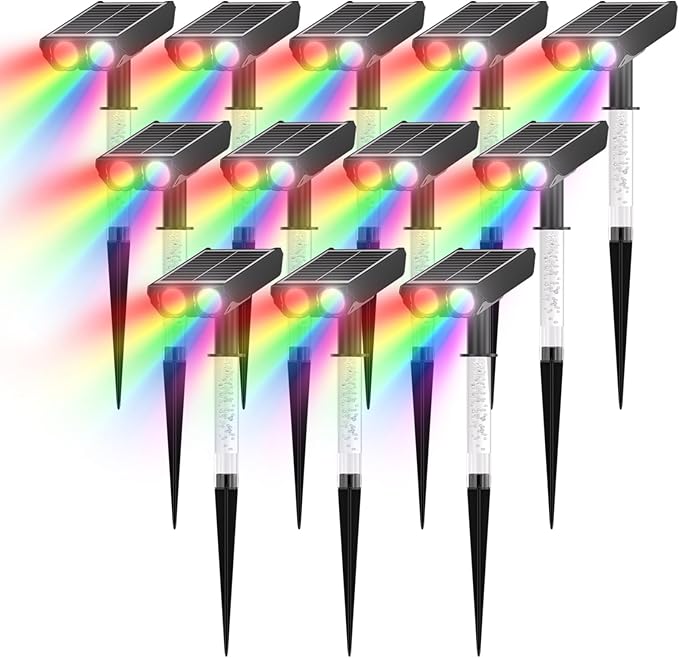 Color Changing Solar Spot Lights Outdoor with PC Light Guide Column, 8 Lighting Modes Christmas Landscape Spotlights, IP65 Waterproof RGB Solar Spotlights for Garden Yard Tree Pathway, 12Pack