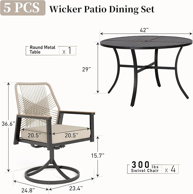 Patio Dining Set 5 Piece, 4 x Woven Rattan Swivel Chairs with Waterproof Cushion, 42” Metal Round Dining Table with Umbrella Hole, Outdoor Table and Chairs Set for Backyard Lawn and Deck, Beige