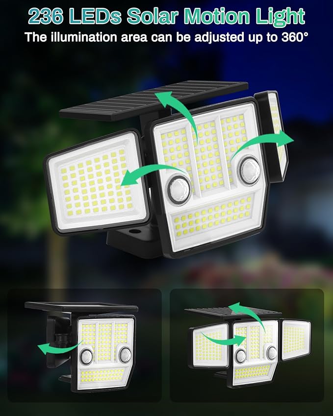 Solar Outdoor Lights with Stakes, 2500LM 180° PIR Motion Sensor, 360° Wide Angle Illumination, In-Ground or Wall Mount, IP65 Waterproof, 3 Modes, 236 LEDs Security Flood Light, 2 Pack