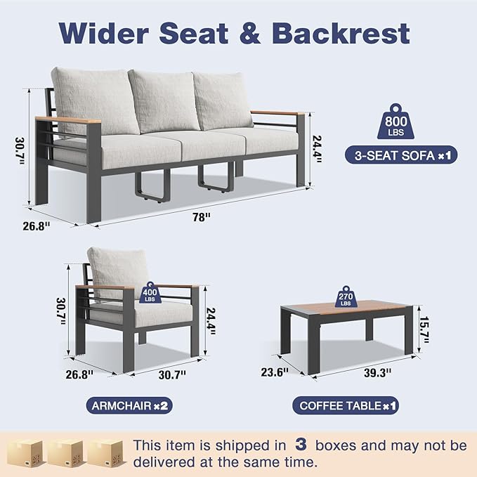 Aoxun Aluminum Patio Furniture Set 5 Seats, Oversized Outdoor Sectional with Washable Thick Cushions, Coffee Table, Patio Conversation Sets for Porch, Balcony, Deck
