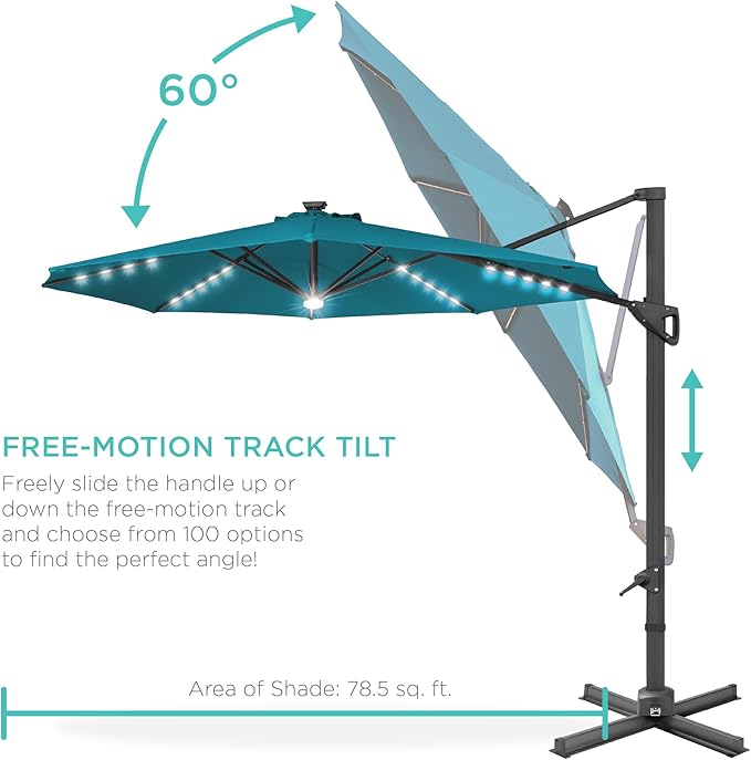 Best Choice Products 10ft Solar LED Cantilever Patio Umbrella, 360-Degree Rotation Hanging Offset Market Outdoor Sun Shade for Backyard, Deck, Poolside w/Lights, Easy Tilt, Cross Base