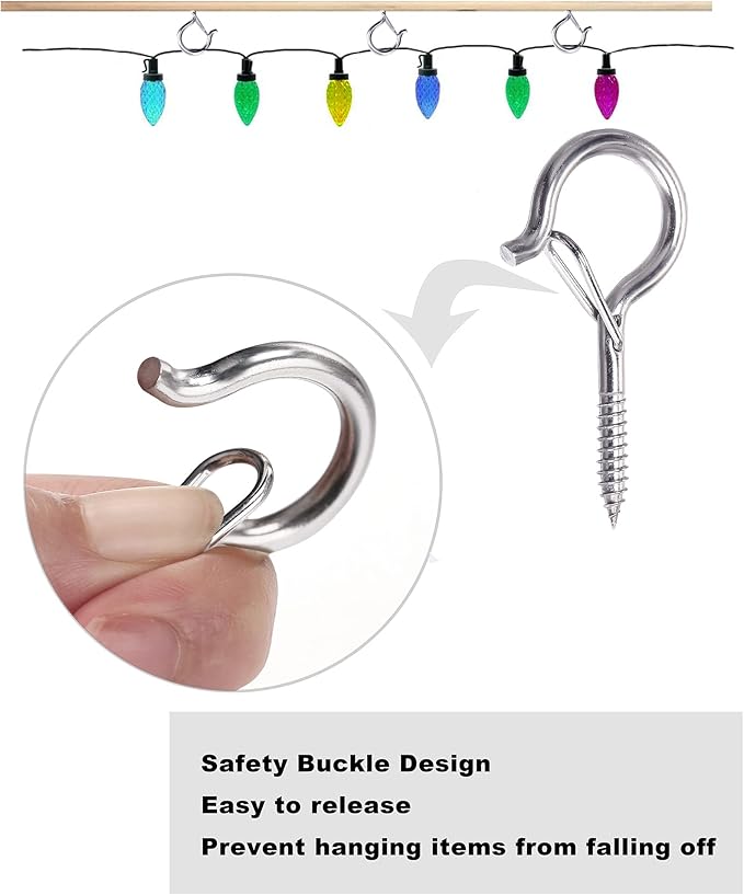 PlusRoc 20 Pack Ceiling Hooks for Hanging Plants Outdoor String Lights Heavy Duty, 2.2 Inch Eye Hook Screw in Cup Hooks Q-Hanger for Patio Lights, Wall Wood Fence Deck Mount(Stainless Steel, Silver)