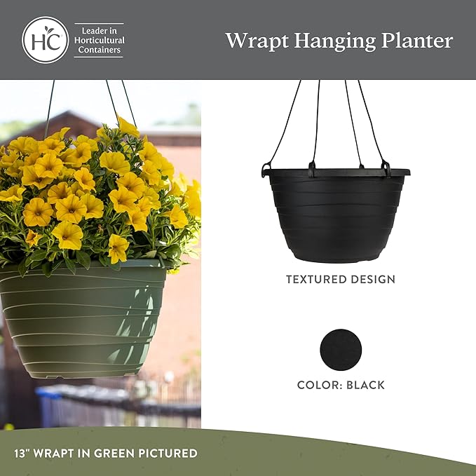 The HC Companies 11 Inch Wrapt Hanging Planters, Lightweight UV-Resistant Plastic Hanging Planters for Indoor & Outdoor Plants, 2-Pack Hanging Flower Pots for Garden, Patio & Home Decor, Black