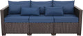 Rattaner 3-Seat Patio Wicker Sofa, Outdoor Rattan Couch Furniture Steel Frame with Furniture Cover and Deep Seat High Back, Blue Anti-Slip Cushion.