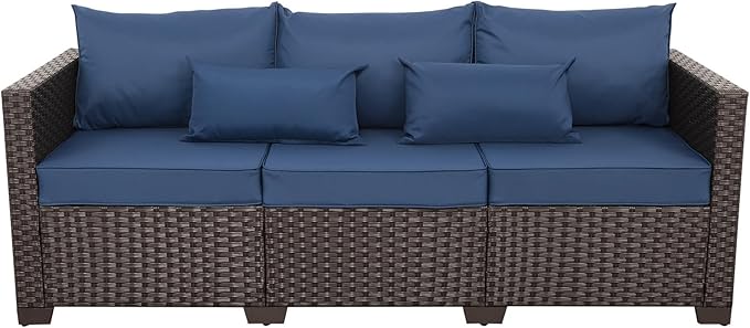 Rattaner 3-Seat Patio Wicker Sofa, Outdoor Rattan Couch Furniture Steel Frame with Furniture Cover and Deep Seat High Back, Blue Anti-Slip Cushion.
