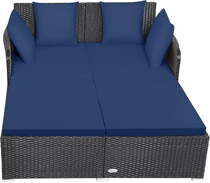 Tangkula Outdoor Rattan Daybed, Sunbed Wicker Furniture w/Spacious Seat, Upholstered Cushion & High-Resilience Sponge, Wicker Patio Sofa Set w/Extra Pillows for Courtyard Poolside (Navy)