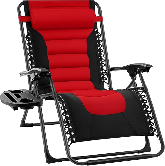 Best Choice Products Oversized Padded Zero Gravity Chair, Folding Outdoor Patio Recliner, XL Anti Gravity Lounger for Backyard w/Headrest, Cup Holder, Side Tray, Polyester Mesh - Red