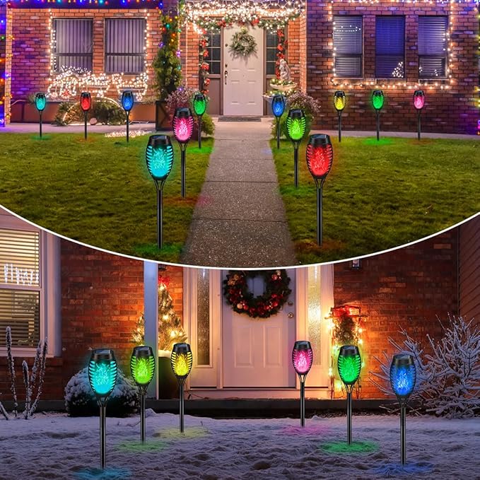 IkeeRuic Christmas Decorations Outdoor, Multicolor Solar Christmas Lights Outdoor with Flickering Flame, Solar Torch Light for Xmas Decor, Solar Powered Outside Lighting Waterproof for Yard Pathway