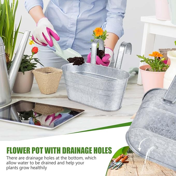 OBTANIM 4 Pack Metal Hanging Flower Pots Iron Railing Planter Outdoor Fence Hanging Pots Bucket Plant Holder with Detachable Hooks Drain Holes for Home Garden Yard Decor (Silvery)
