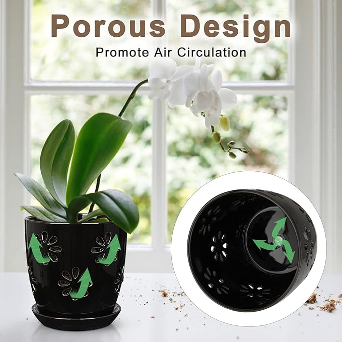 Oairse 6 inch Orchid Pots with Holes, Black Ceramic Orchid Pot for Repotting Small Indoor Plant Pots with Drainage Holes and Saucers Decorative Flower Planter for Orchids, Indoor Plant