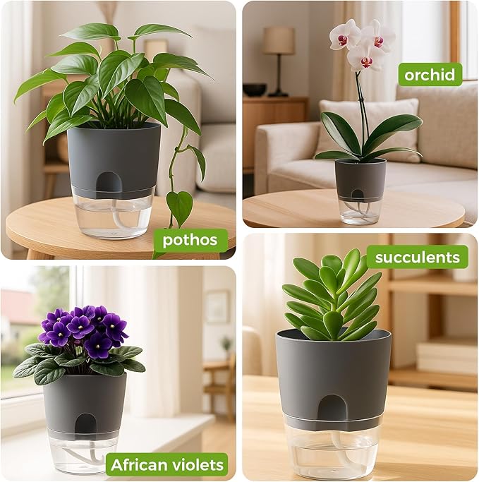 8 Pack Self Watering Pots for Indoor Plants, PlanterHoma 3.2 Inch Plant Pot Plastic Self Watering Planter for Orchid, African Violet, Mini Clear Flower Pots with Drainage Holes and Wicking Rope, Grey