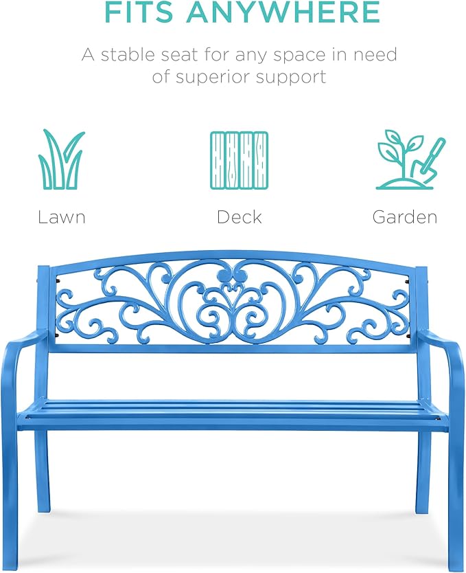 Best Choice Products Outdoor Bench Steel Garden Patio Porch Furniture for Lawn, Park, Deck w/Floral Design Backrest, Slatted Seat - Ocean Blue
