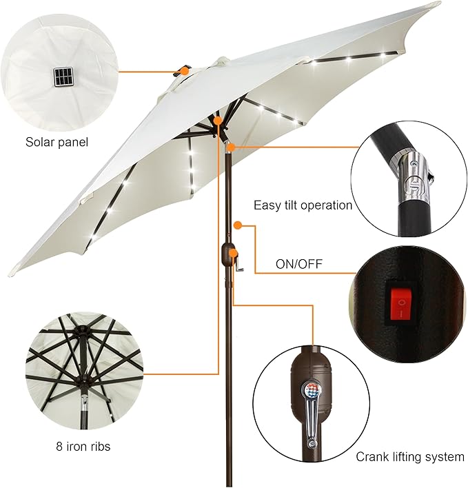 Blissun 9 ft Solar Umbrella, 32 LED Lighted Patio Umbrella, Table Market Umbrella, Outdoor Umbrella for Garden, Deck, Backyard, Pool and Beach (Creamy White)