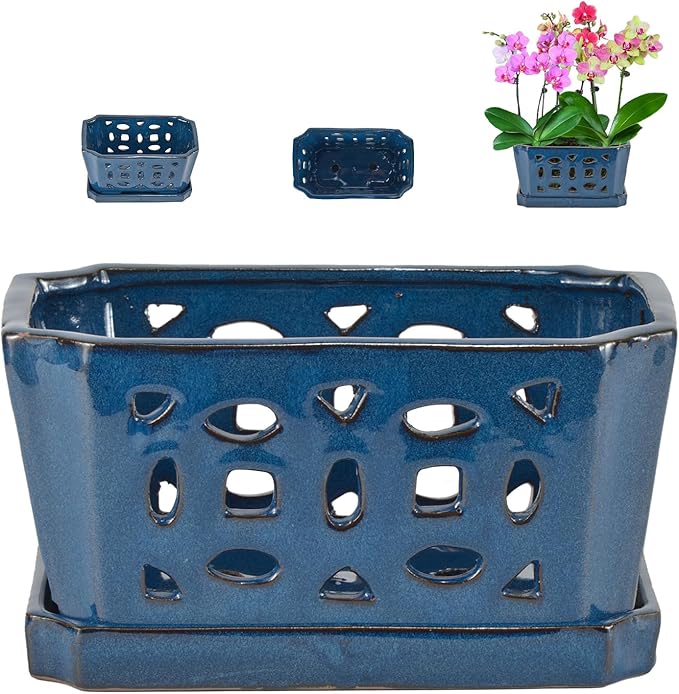 W&W Orchid Pot with Holes and Saucer for Repotting, Blue, 9.7 Inch