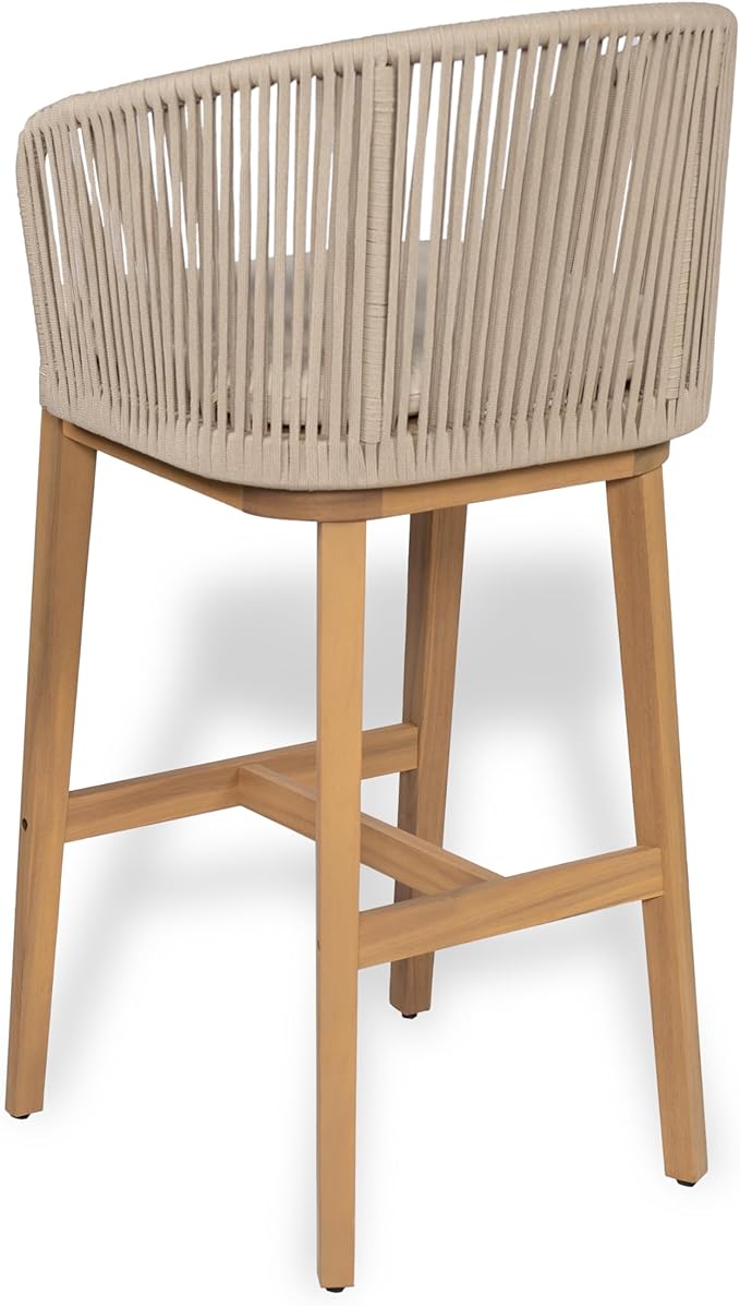 Christopher Knight Home Zax Set of 2 Patio Barstool, Acacia Wood & Rope Outdoor Counter Stool with Backrest/Footrest, Barstool Chairs with Cushion Seating for Backyard Balcony Garden, Beige + Teak
