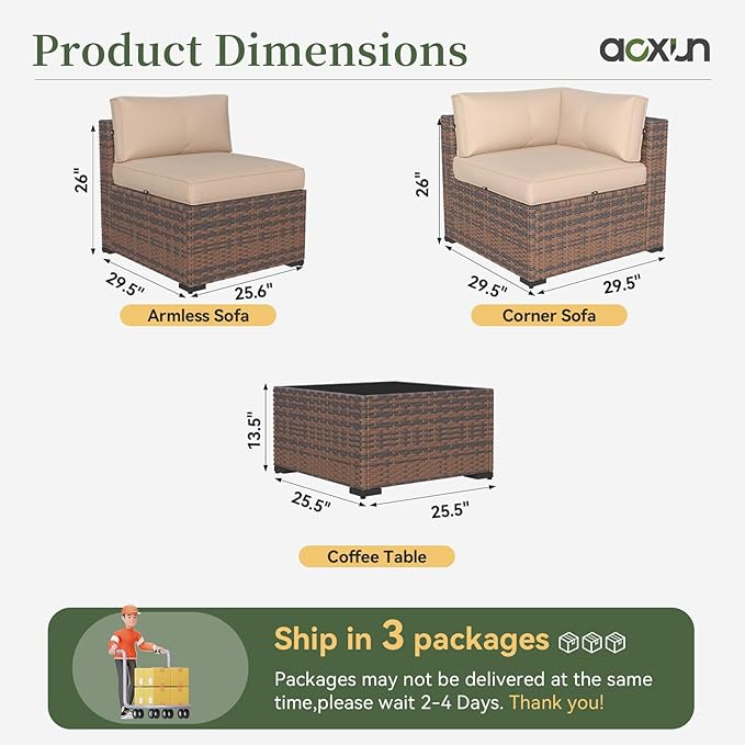 Aoxun 10 Piece Patio Furniture Set Wicker Rattan Patio Conversation Set Outdoor Sectional Sofa Set with Coffee Table and 4” Thickened Cushions, Beige(Waterproof Cover Included)