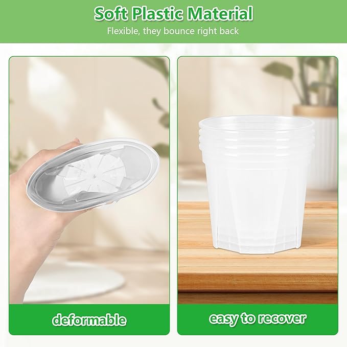 5 Set 7 Inch Transparent Plastic Garden Pots with Saucer - Planter with Drainage Hole for Indoor and Outdoor Plants - Includes 10 Plant Labels