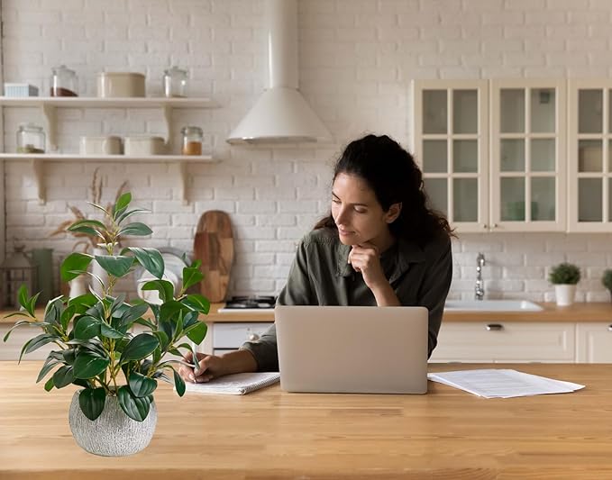 AlphaAcc 17.8 Inch Artificial Ficus Plant Potted Faux Greenery in Gray Round Vertical Striped Cement Planter with Pebbles Realistic Fake Plant for Indoor Modern Home Kitchen Living Room Office Decor