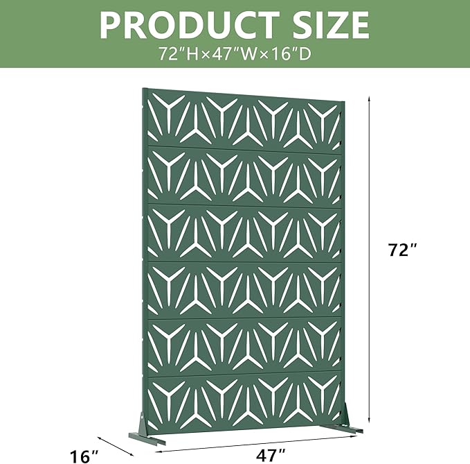 Casaphoria Metal Privacy Screen Outdoor, 72" H x 47" W Freestanding Decorative Privacy Screen for Patio Deck Balcony Garden with Stable Base, Drakgreen-Star